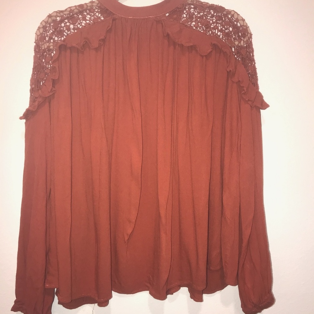 Rust Knit Shoulder Sweater with Ruffle - Picture 2 of 4